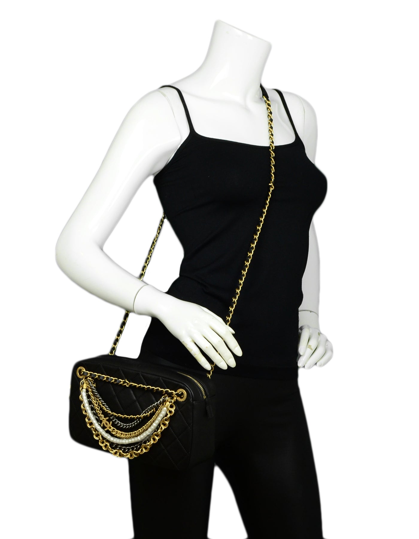 Chanel Black Leather Quilted All About Chains Camera Bag