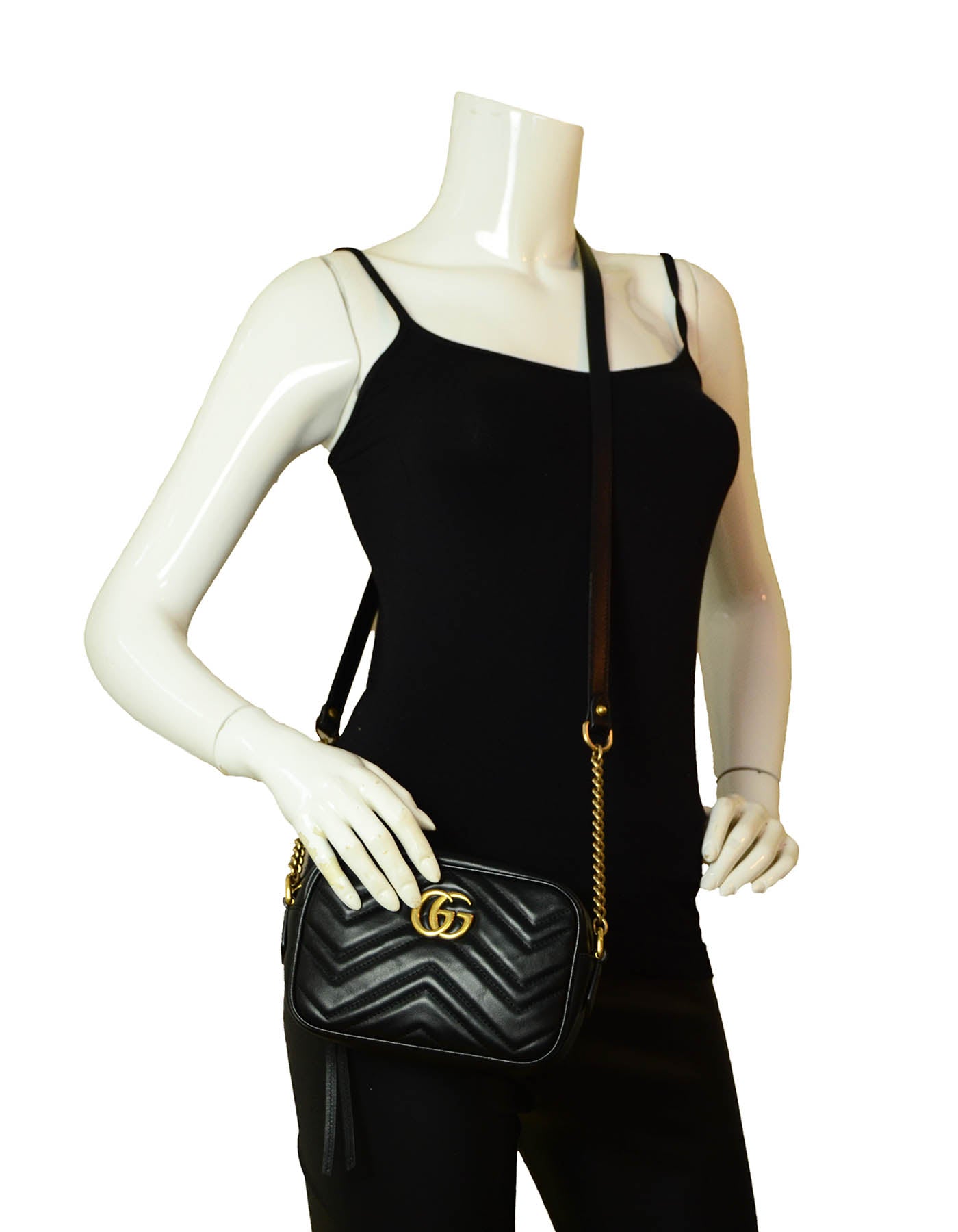 Gucci Black Calfskin Matelasse Mini GG Marmont Crossbody Bag