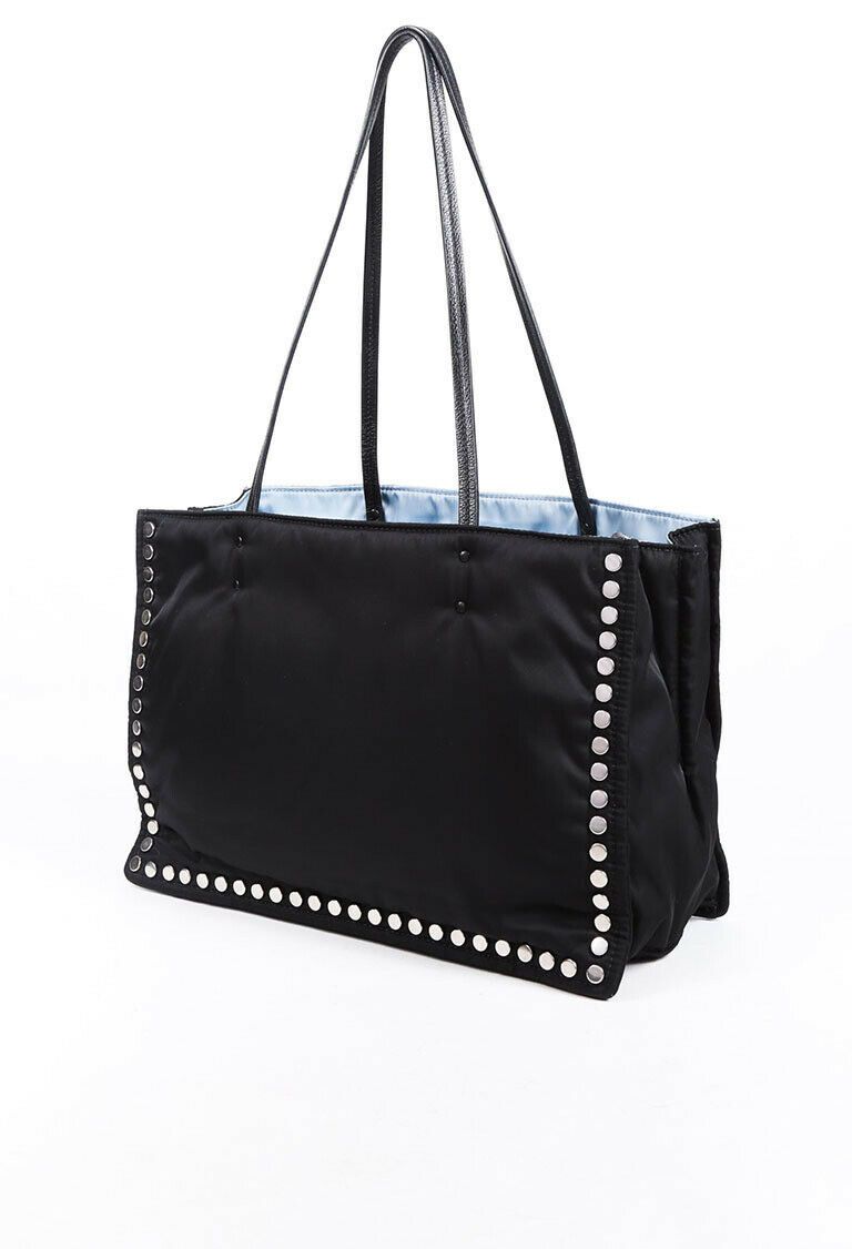 Prada Bag Etiquette Studded Tote Nylon Black Blue Tote Bag