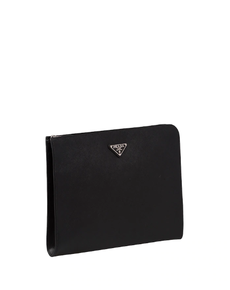 Prada Document Holder Triangle Luxury Handbag Leather Saffiano Black Travel Bag