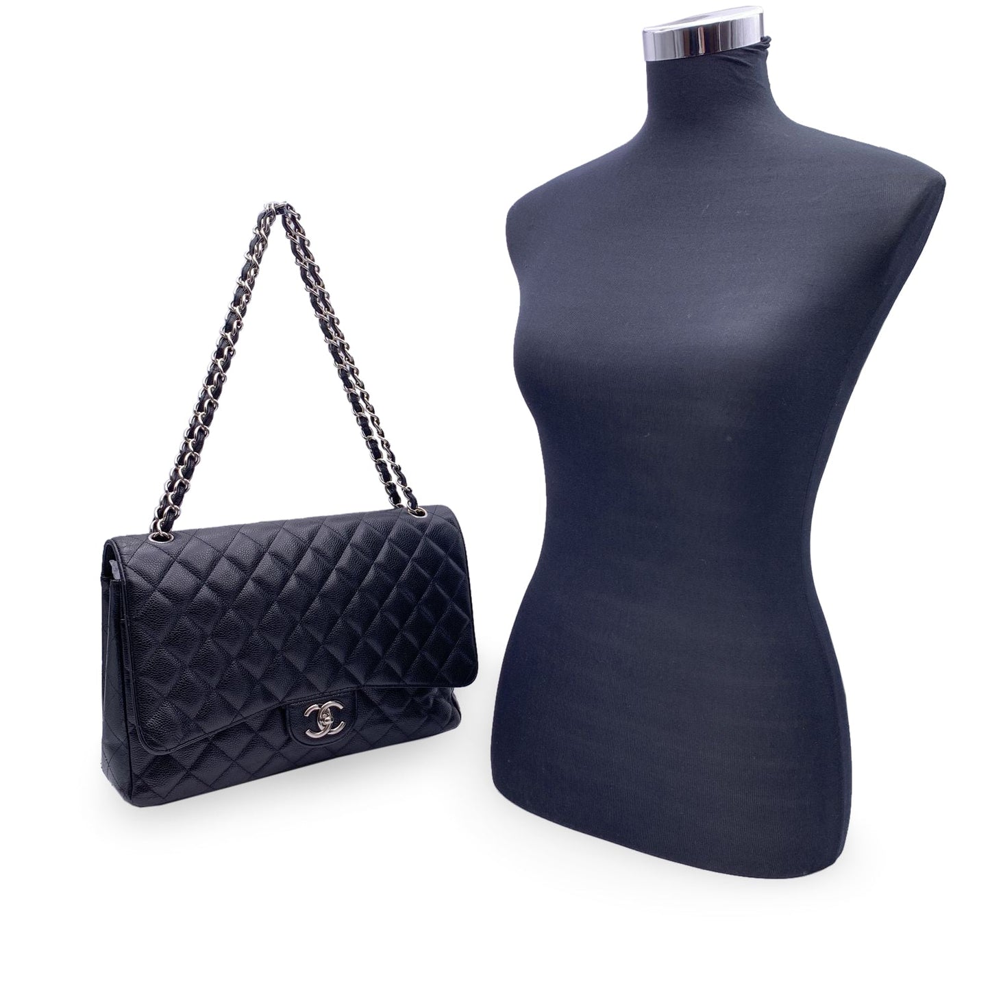 Chanel Black Quilted Caviar Maxi Timeless Classic . Double New Bag