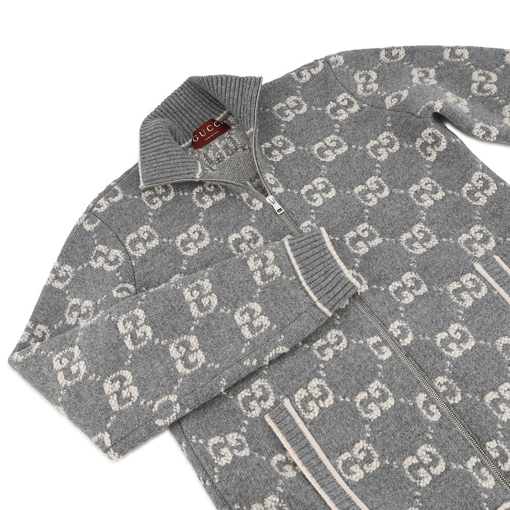 GUCCI GG Jacquard boucle stitch cardigan Size M Gray/Ivory814285 Wool 100%