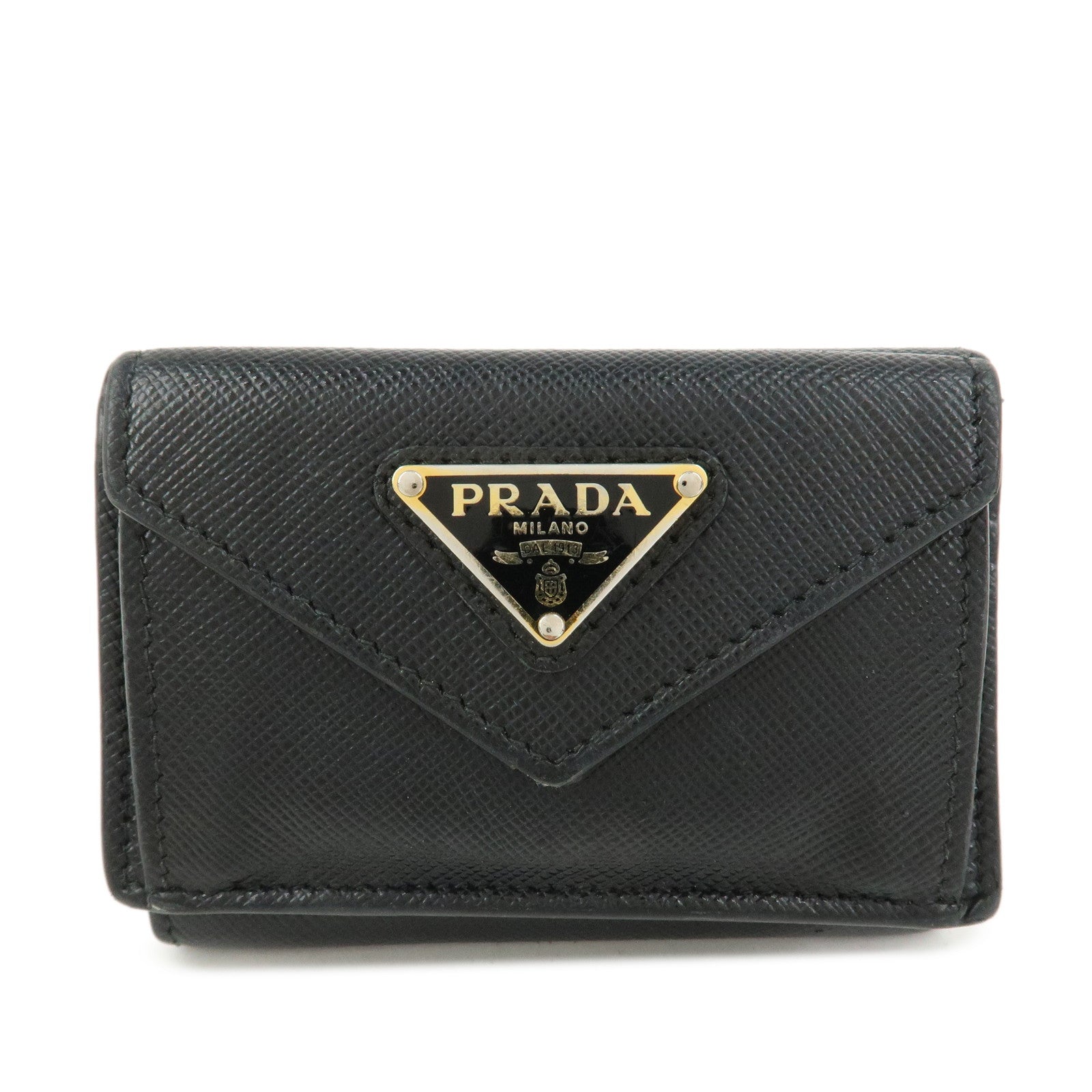 Triangle Tri-fold Wallet Leather Saffiano Black Handbag