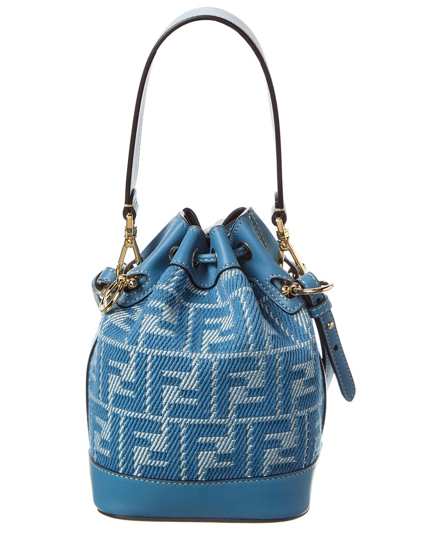 Fendi Handbag Mon Tresor Ff Jacquard & Bag Leather Blue Mini Bucket Bag