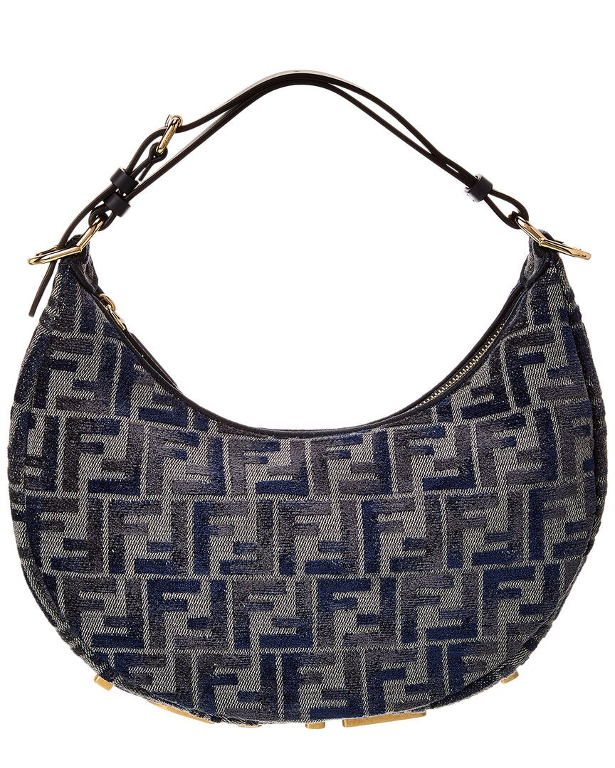 Fendi Handbag graphy Ff Chenille & Hobo Bag Leather Blue Small