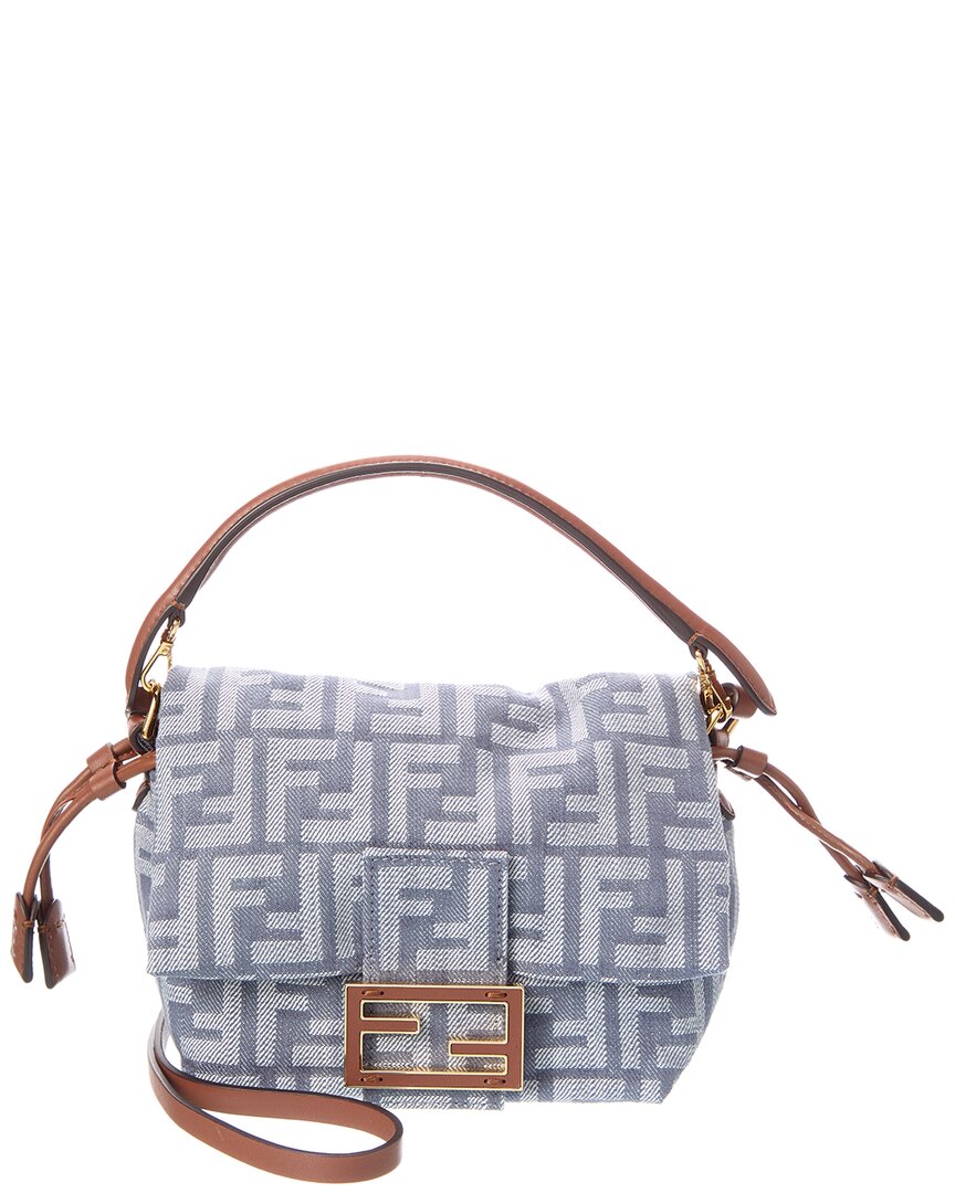 Fendi Handbag Mamma Baguette Ff & Shoulder Bag Leather Denim Blue