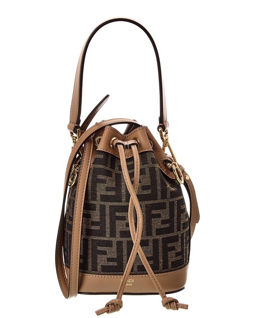 Fendi Handbag Mon Tresor Ff Jacquard & Bag Leather Brown Mini Bucket Bag