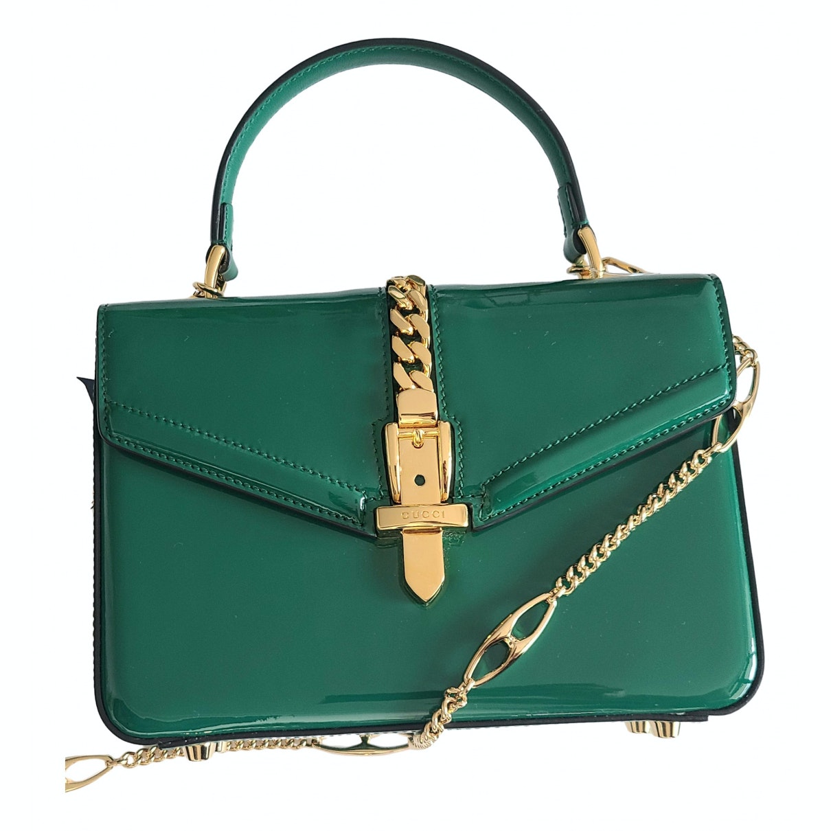 Gucci sylvie green patent leather handbag
