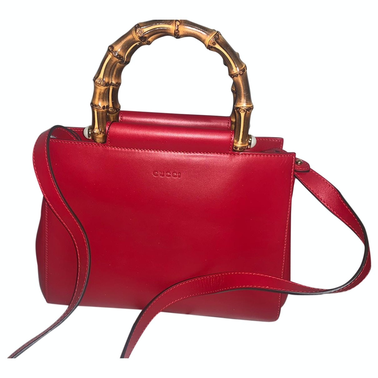 Gucci bamboo red leather handbag