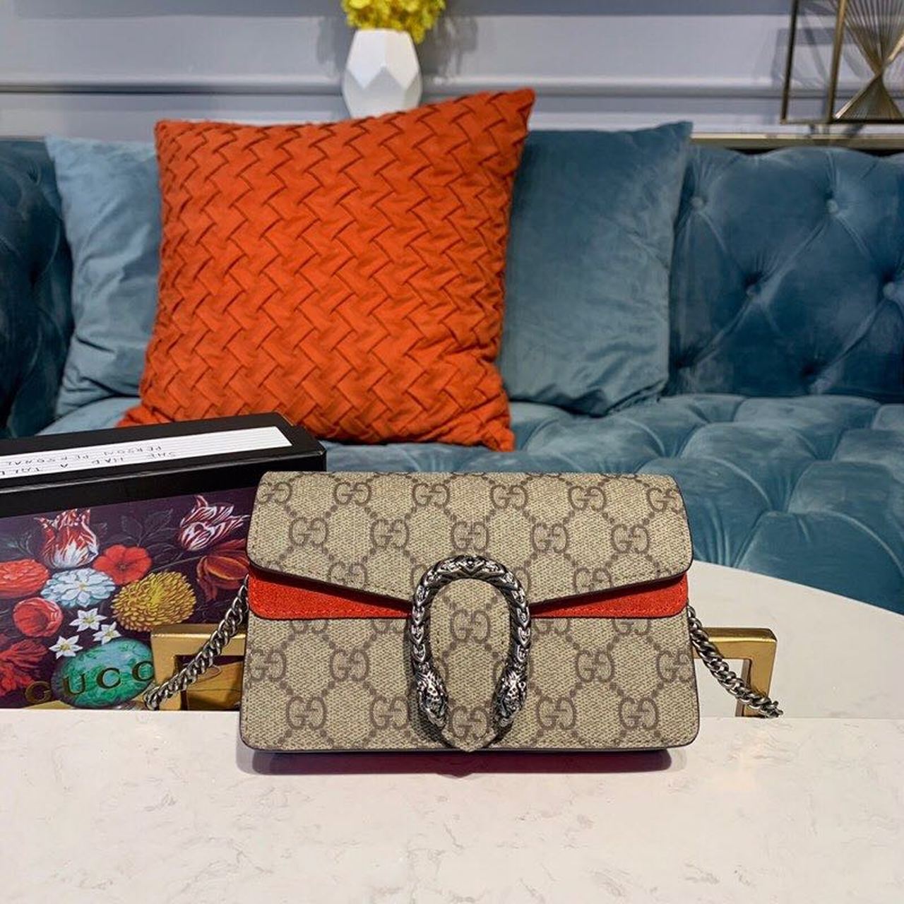 gg Dionysus Supreme Super Ebony Canvas Suede Beige Red Mini Bag