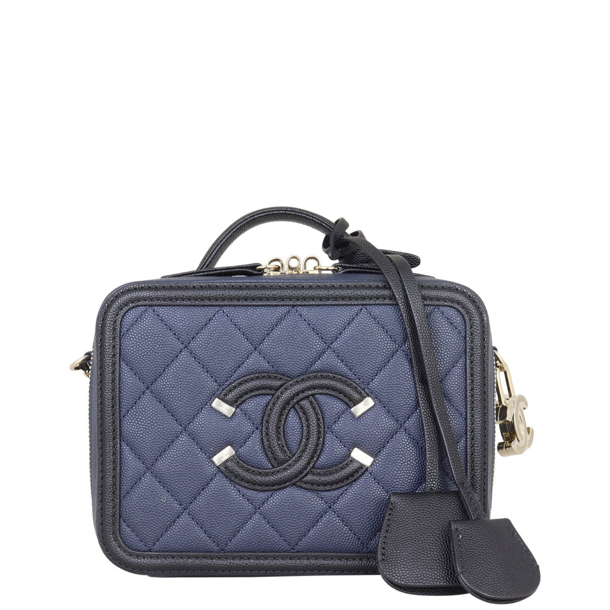 Chanel CC Filigree Vanity Case Navy Handbag Blue Small