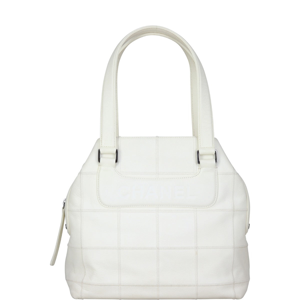 Chanel Square Stitch Tote Caviar White Logo Tote Bag