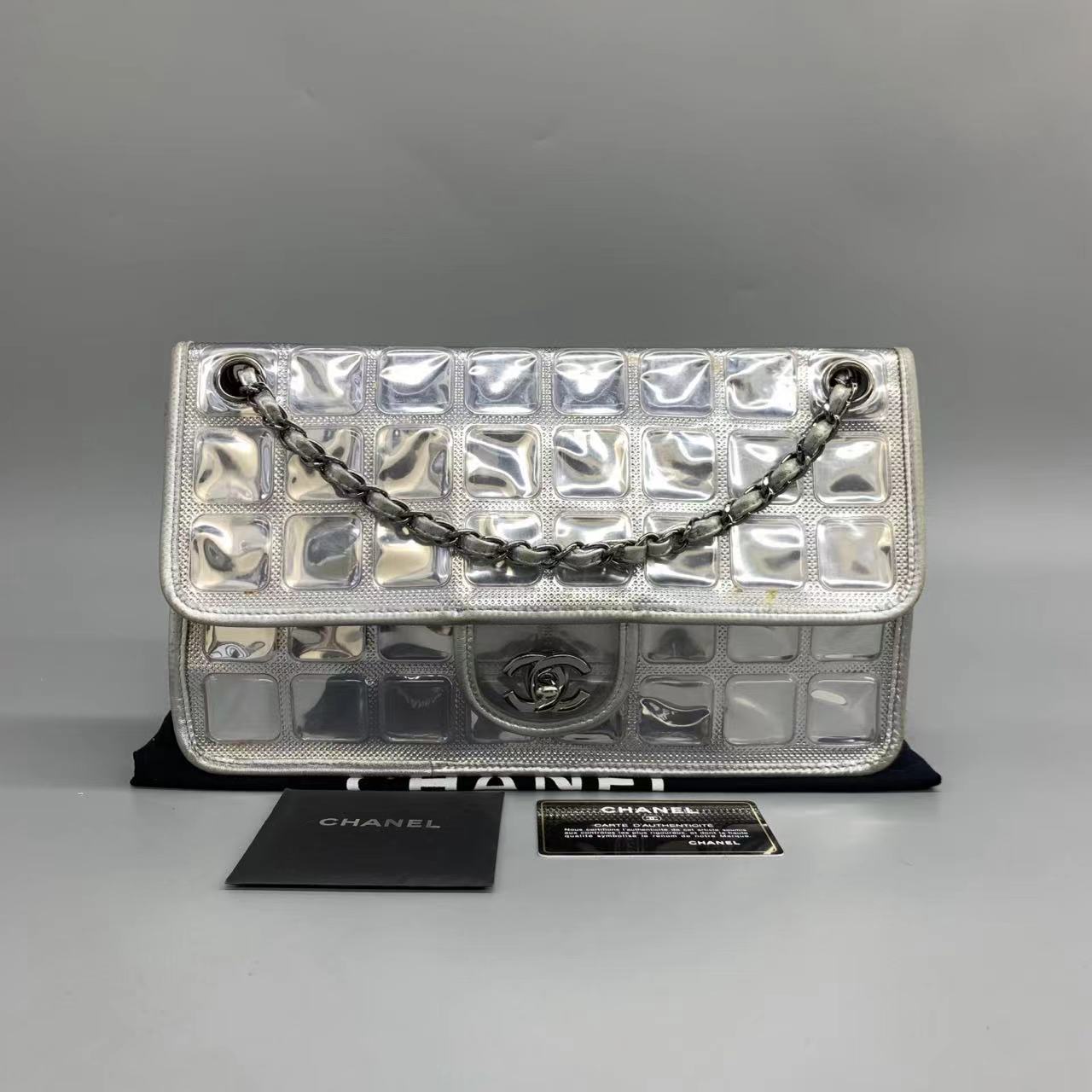 Chanel Ice Cube Chocolate Bar Classic Flap Silver Leather Handbag 3