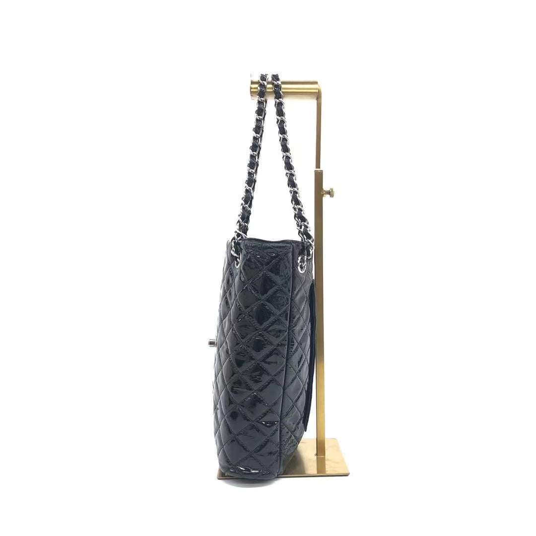 Chanel Upside Down Flap Diamond Quilted Patent Black Silver Leather Shoulder Bag