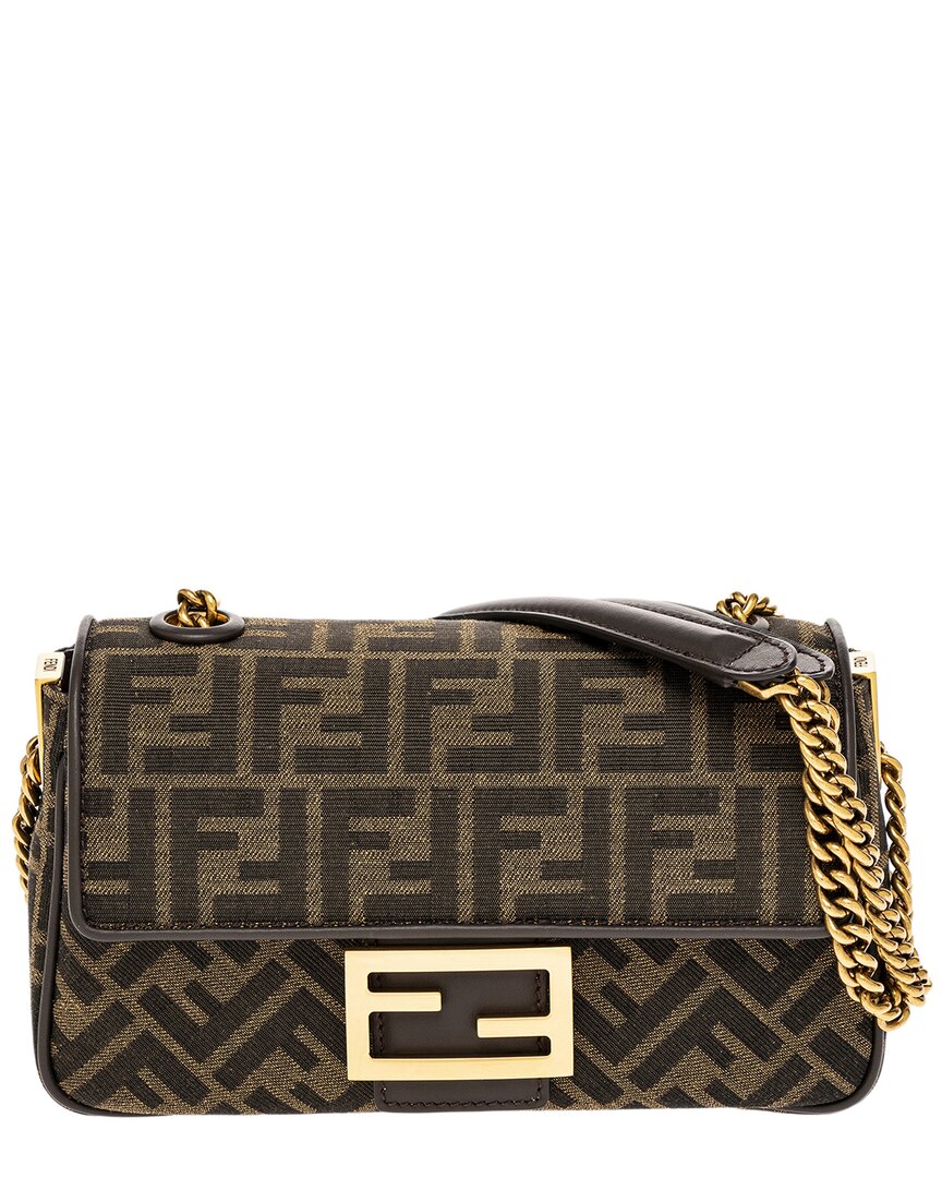 Fendi Handbag Baguette Midi -Trim Shoulder Bag Leather Brown Chain