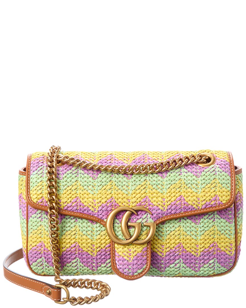 Gucci Gg Marmont Small Matelasse Raffia & Leather Shoulder Bag