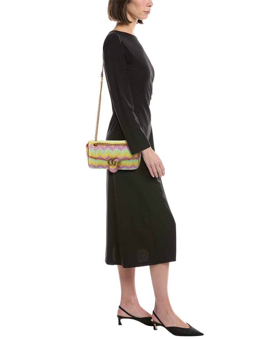 Gucci Gg Marmont Small Matelasse Raffia & Leather Shoulder Bag