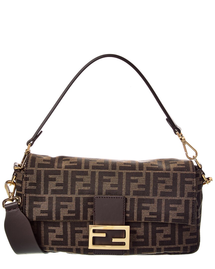Fendi Handbag Baguette Ff Jacquard & Shoulder Bag Leather Brown