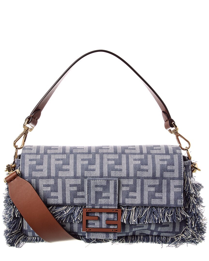 Fendi Handbag Baguette Ff & Shoulder Bag Leather Denim Blue