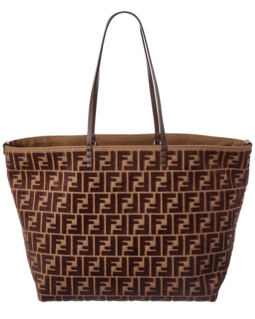 Fendi Handbag Roll Ff Jacquard Velvet & Tote 2 Leather Brown Large Tote Bag