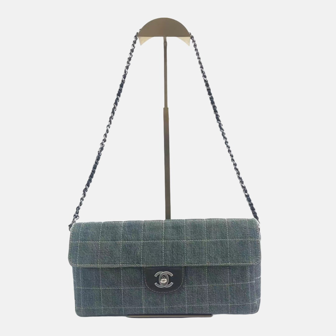 Chanel East West Chocolate Bar Denim Green Leather Shoulder Bag