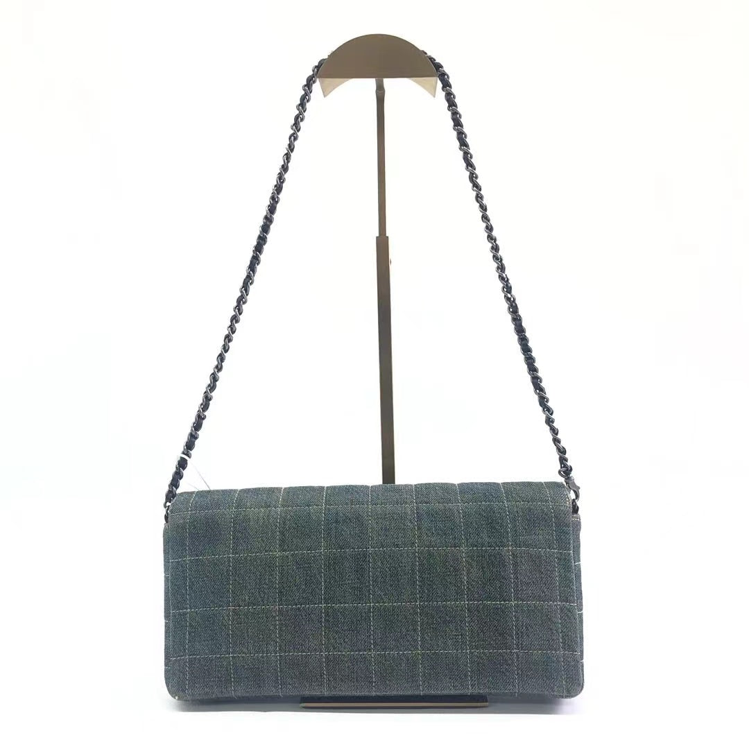 Chanel East West Chocolate Bar Denim Green Leather Shoulder Bag