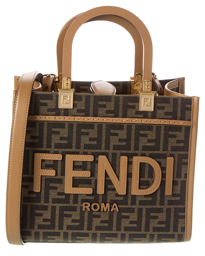 Fendi Handbag Sunshine Ff Jacquard & Tote 2 Leather Brown Small Tote Bag