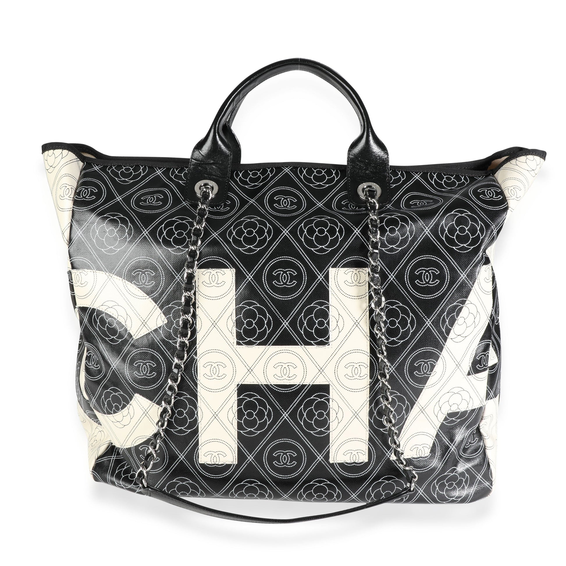 Chanel Black and Beige Coated Canvas and Leather Camellia & CC Print Shopper Tot