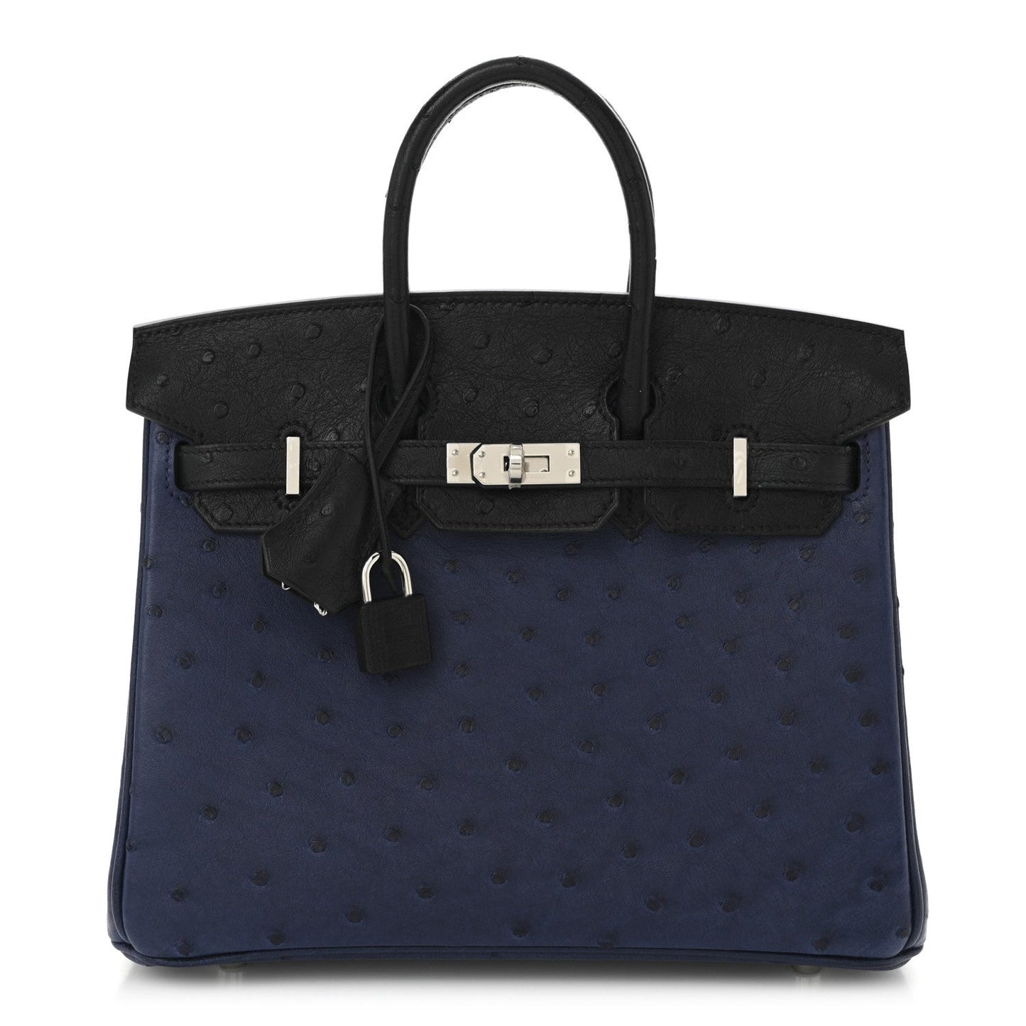 Hermes Ostrich Bi Color Birkin Bleu Iris Handbag Black Travel Bag