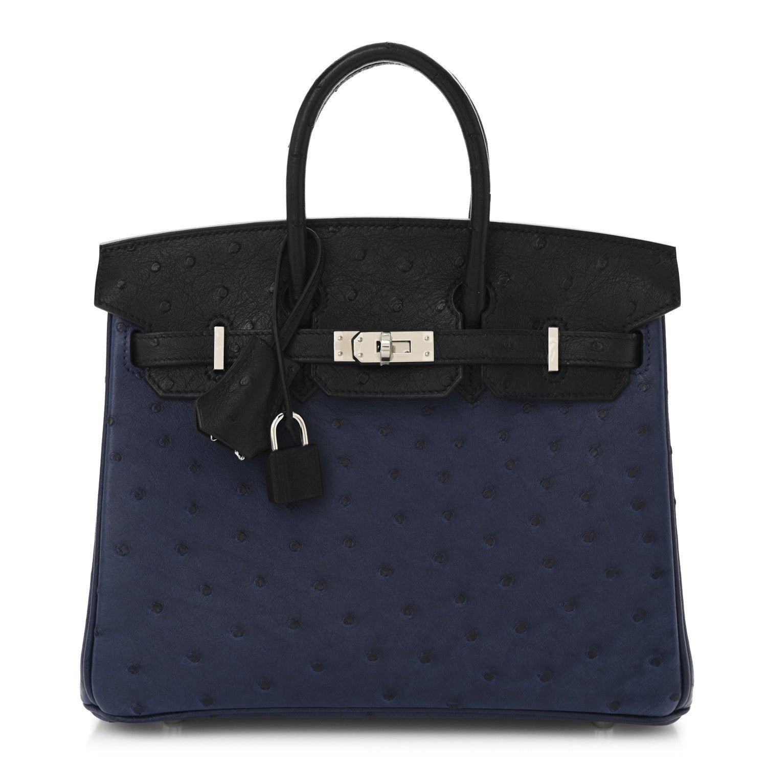 Hermes Ostrich Bi Color Birkin Bleu Iris Handbag Black Travel Bag