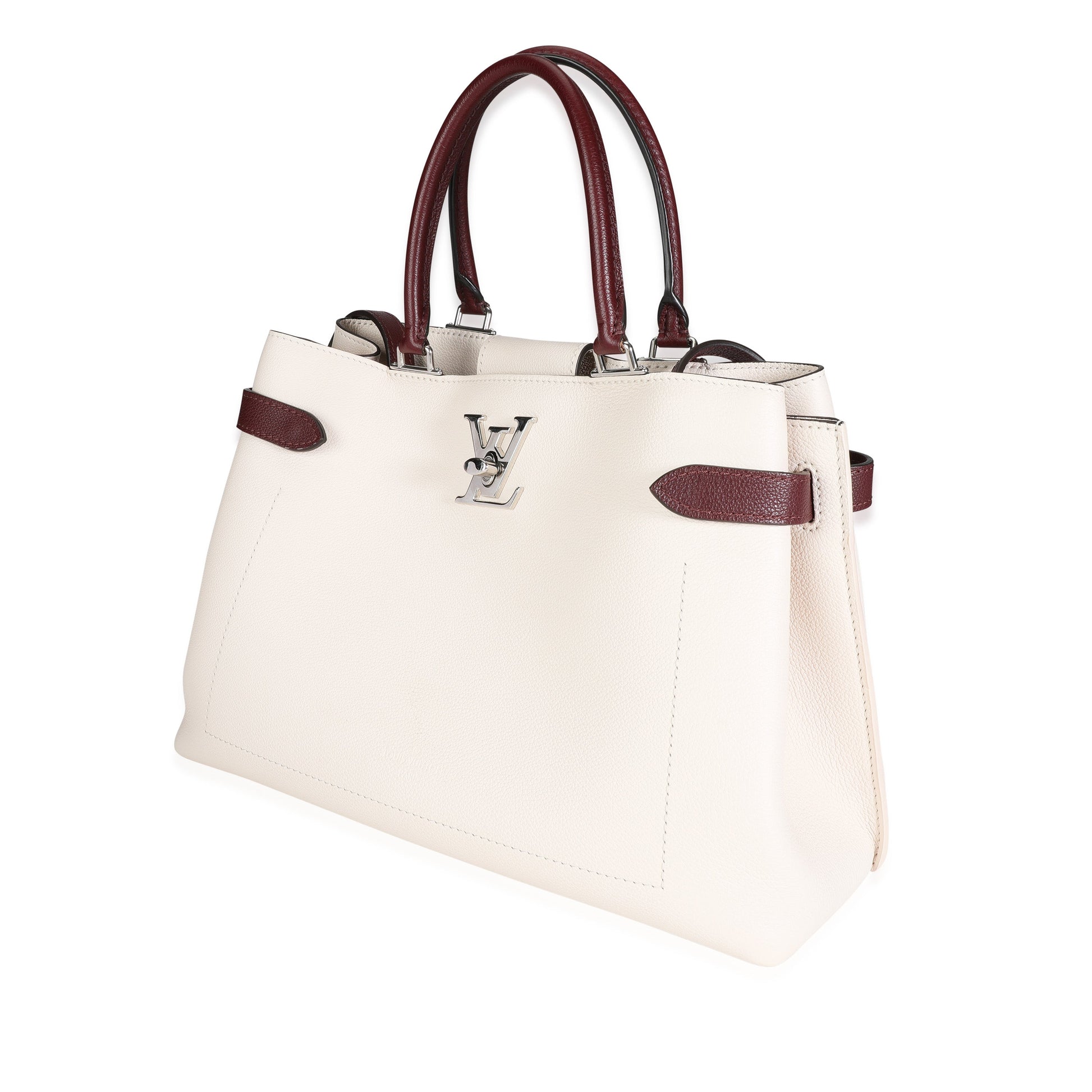 Louis Vuitton & Burgundy Grained Lockme Day Leather Calf Cream Handbag