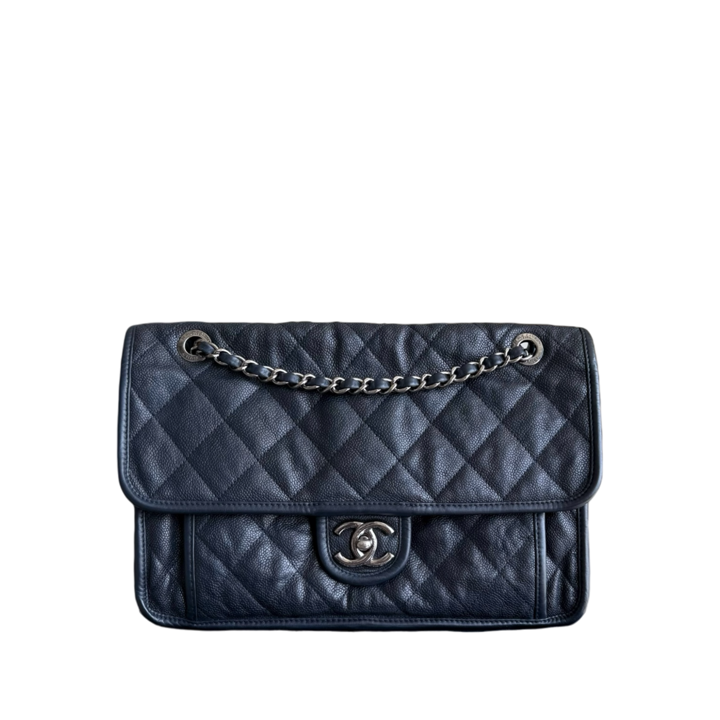 Chanel Seasonal Flap French Riviera Jumbo - Caviar 30CM Quilted Calfskin Dark Blue Silver Hardware Series 19