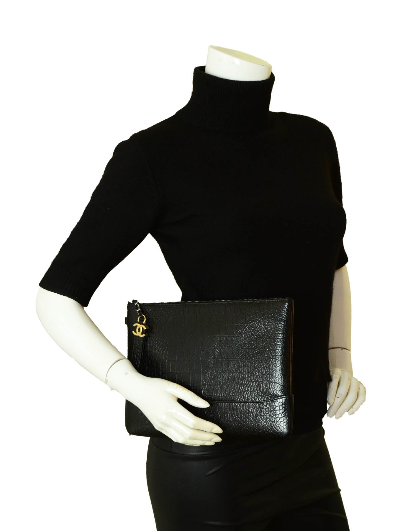 Chanel New Black Crocodile Embossed Gabrielle Wristlet Bag