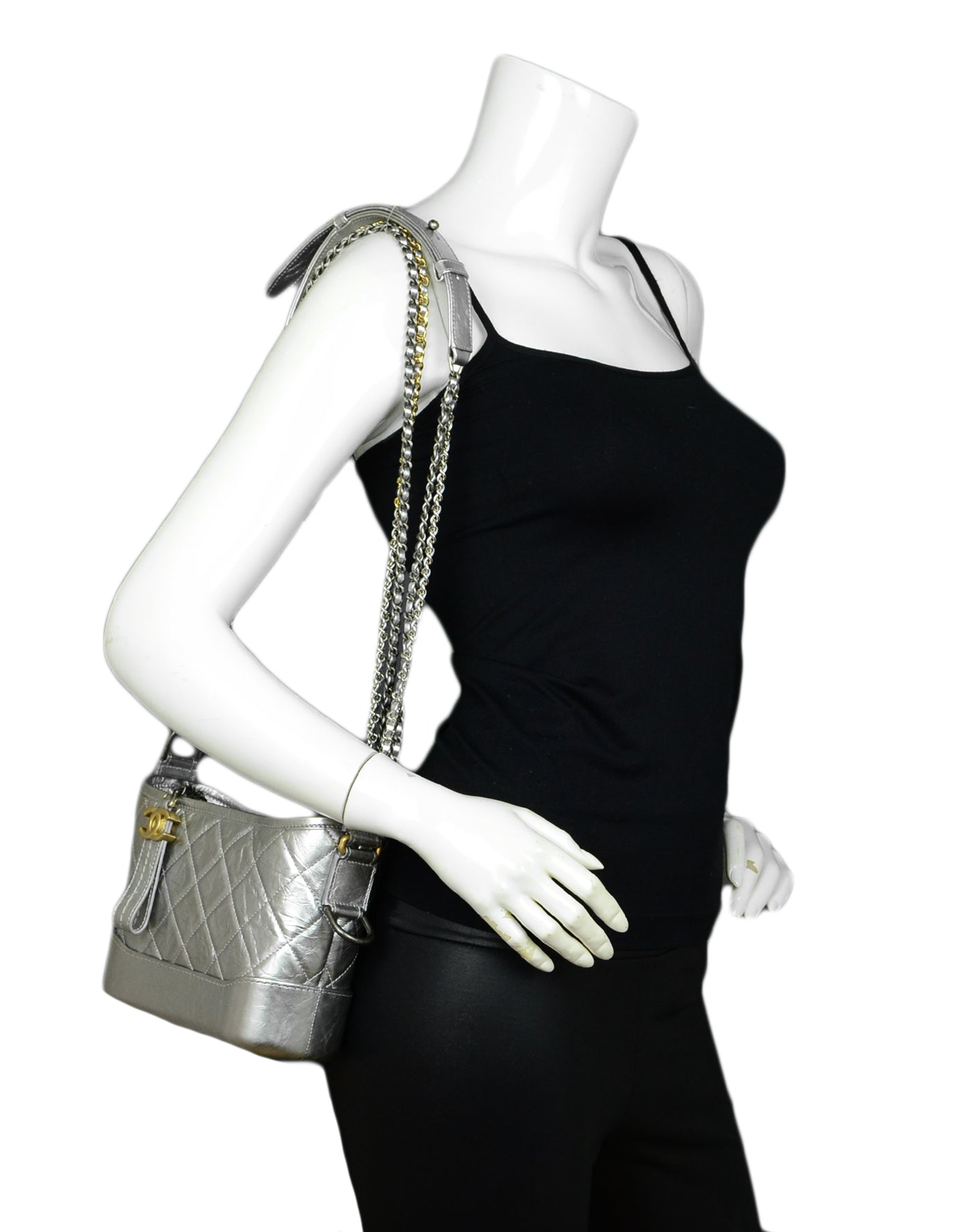 5CHANEL Silver Metallic Aged Calfskin Quilted Small Gabrielle Hobo 100 16219 5E2C7A5E 358A 44C6 AD93 FA3C001A7787