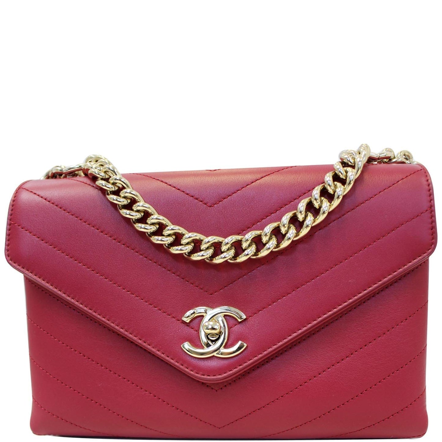 Chanel Chevron Envelope Flap Leather Lambskin Red Travel Bag