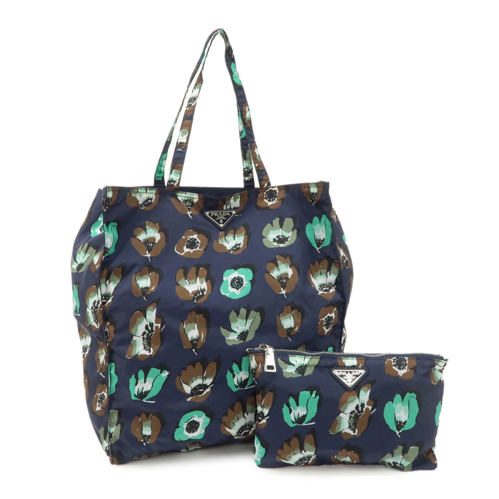 Tote Bag Triangle w Pouch Flower Print d Nylon Navy Logo