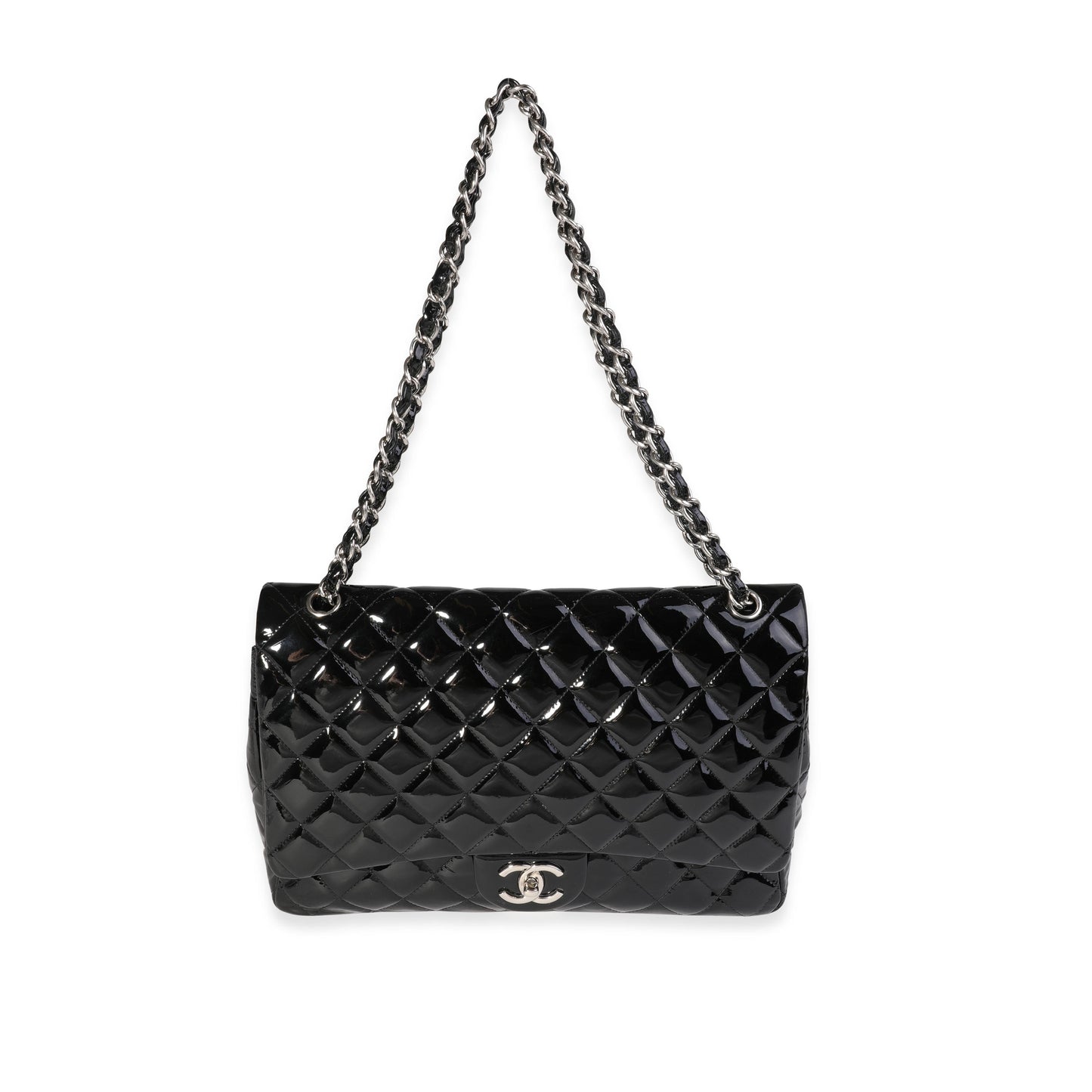 Chanel Black Quilted Patent Leather Maxi Classic Double New Bag