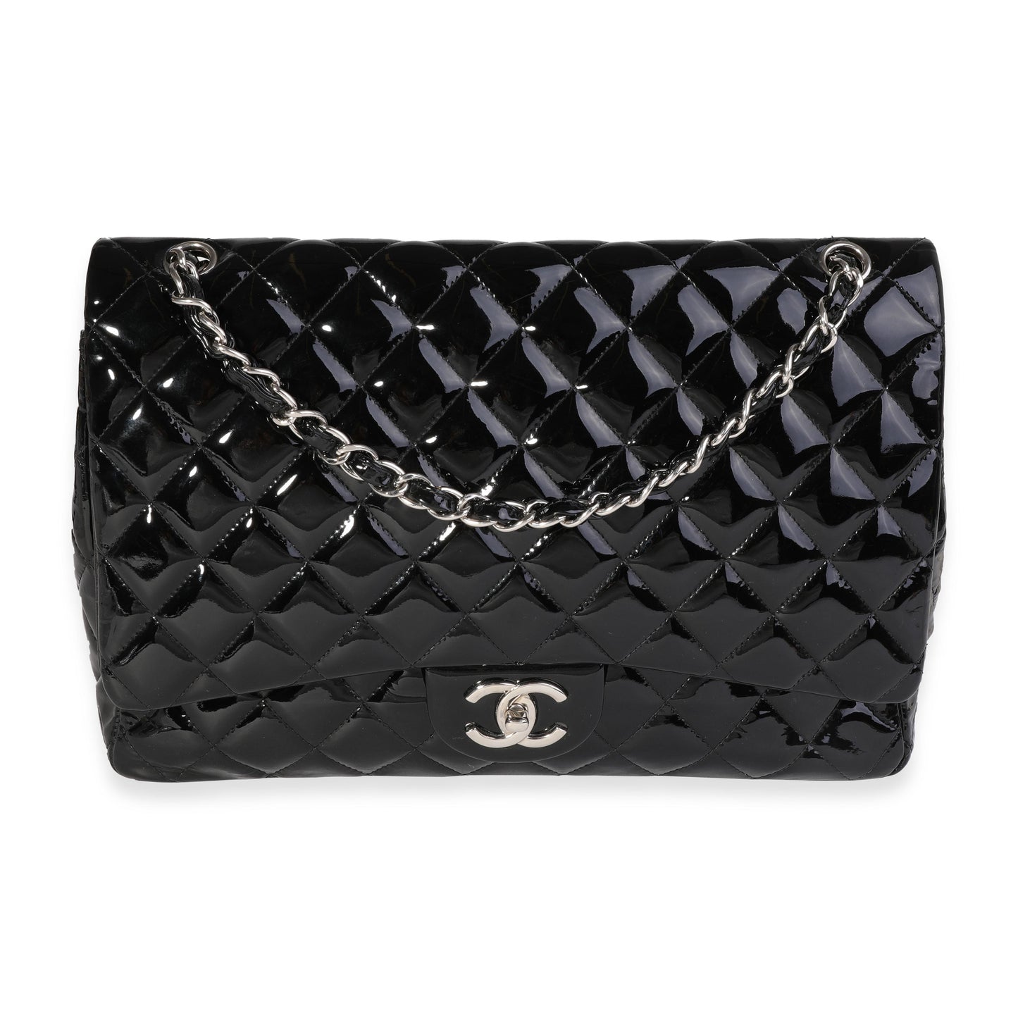 Chanel Black Quilted Patent Leather Maxi Classic Double New Bag