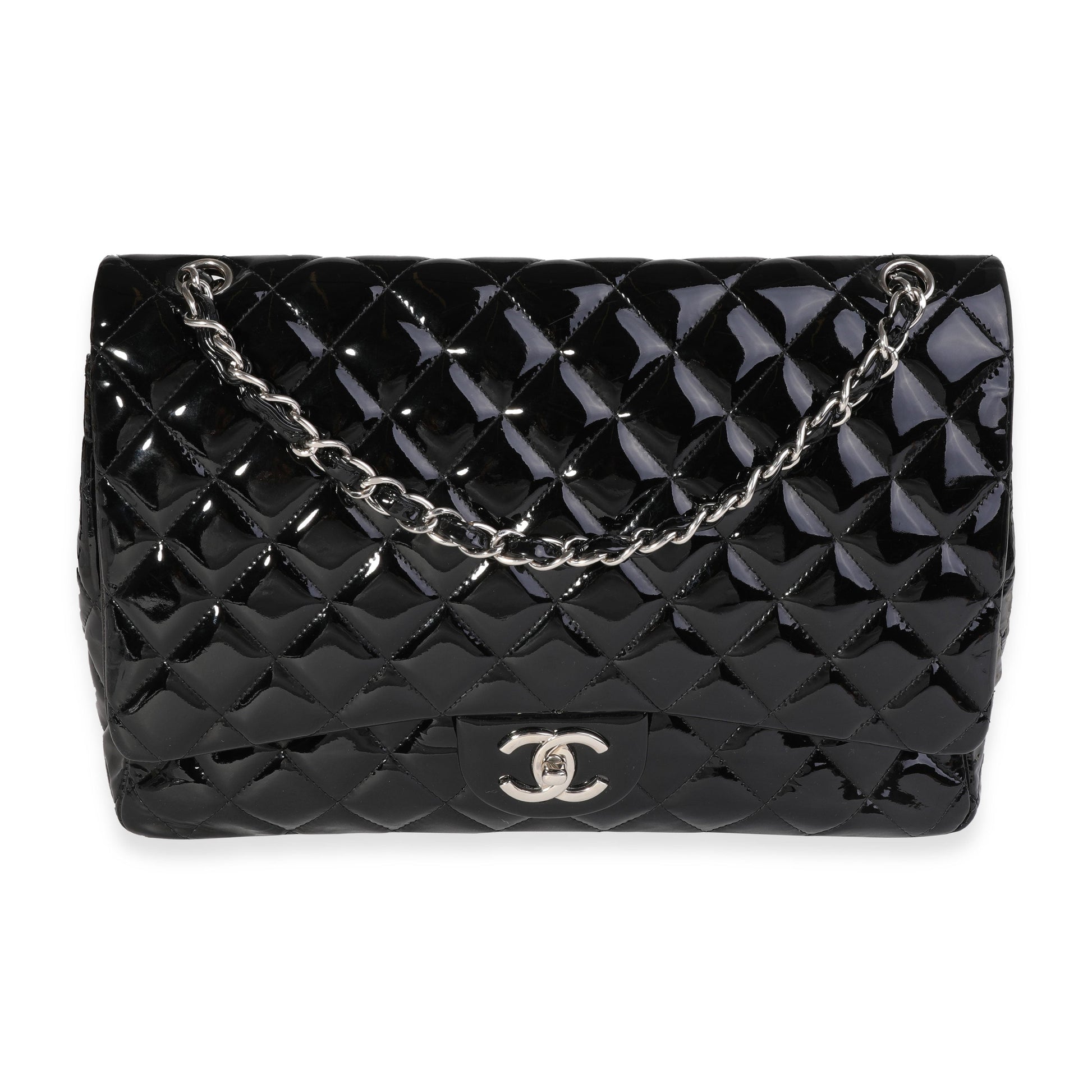 Chanel Black Quilted Patent Leather Maxi Classic Double New Bag