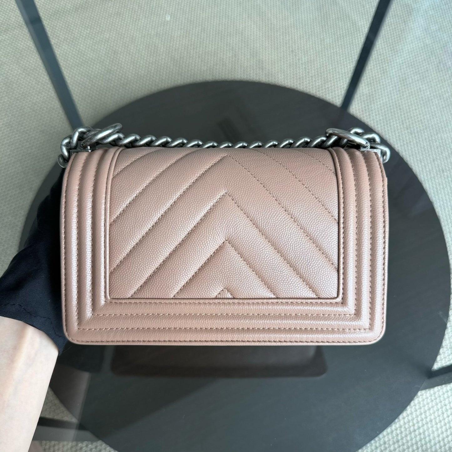 Chanel Boy Small - Caviar Chevron 23CM Dark Beige Blush Ruthenium Silver Hardware Series 24