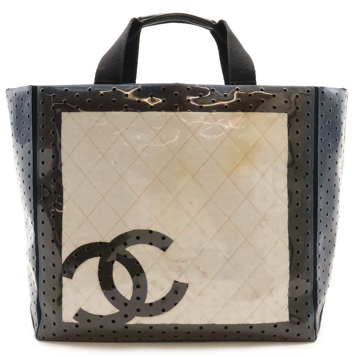 Chanel Sports Line Coco Mark Punching Large Tote Bag 2Way Vinyl Canvas Navy White