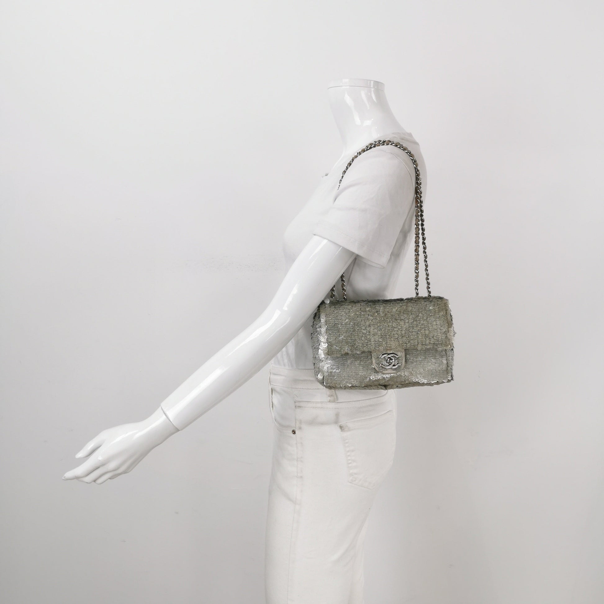 Chanel Paillette Flap Rectangular Glitter Sequins Silver Shoulder Bag