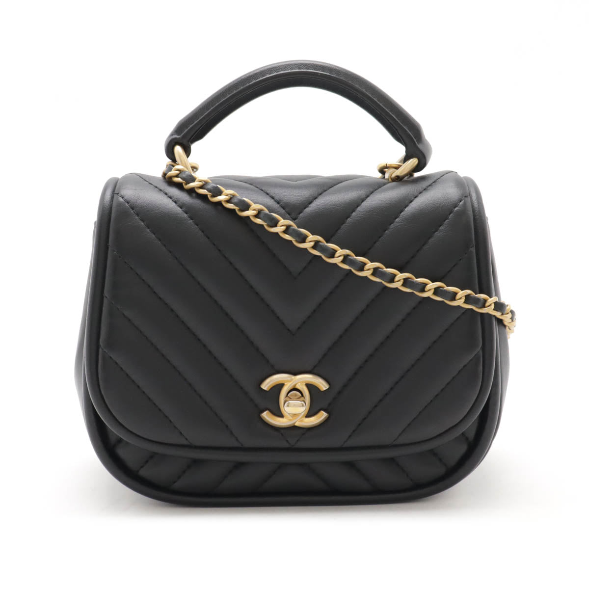 Chanel Chevron Coco Mark Top Handle 2WAY Chain Shoulder Bag Black Leather