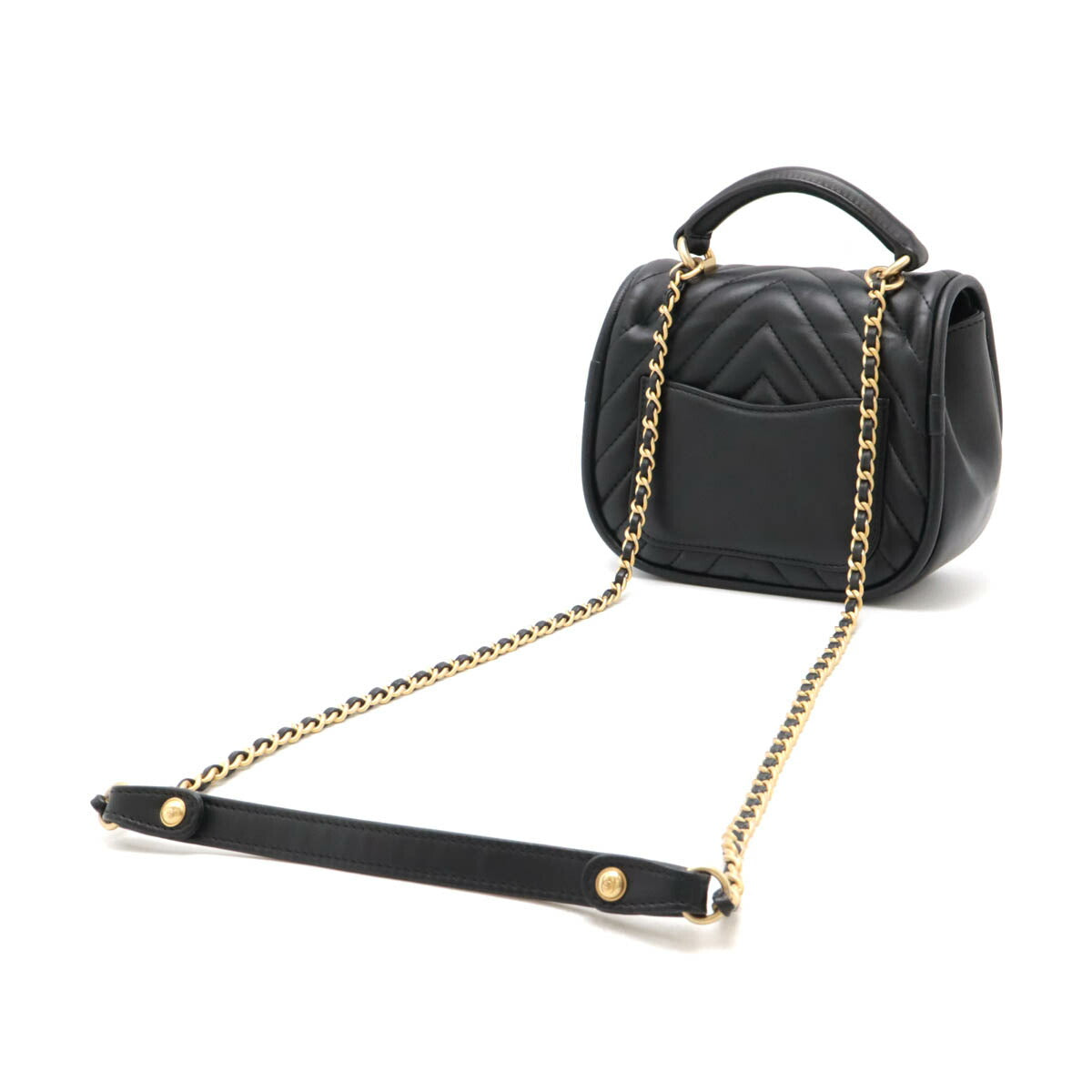 Chanel Chevron Coco Mark Top Handle 2WAY Chain Shoulder Bag Black Leather