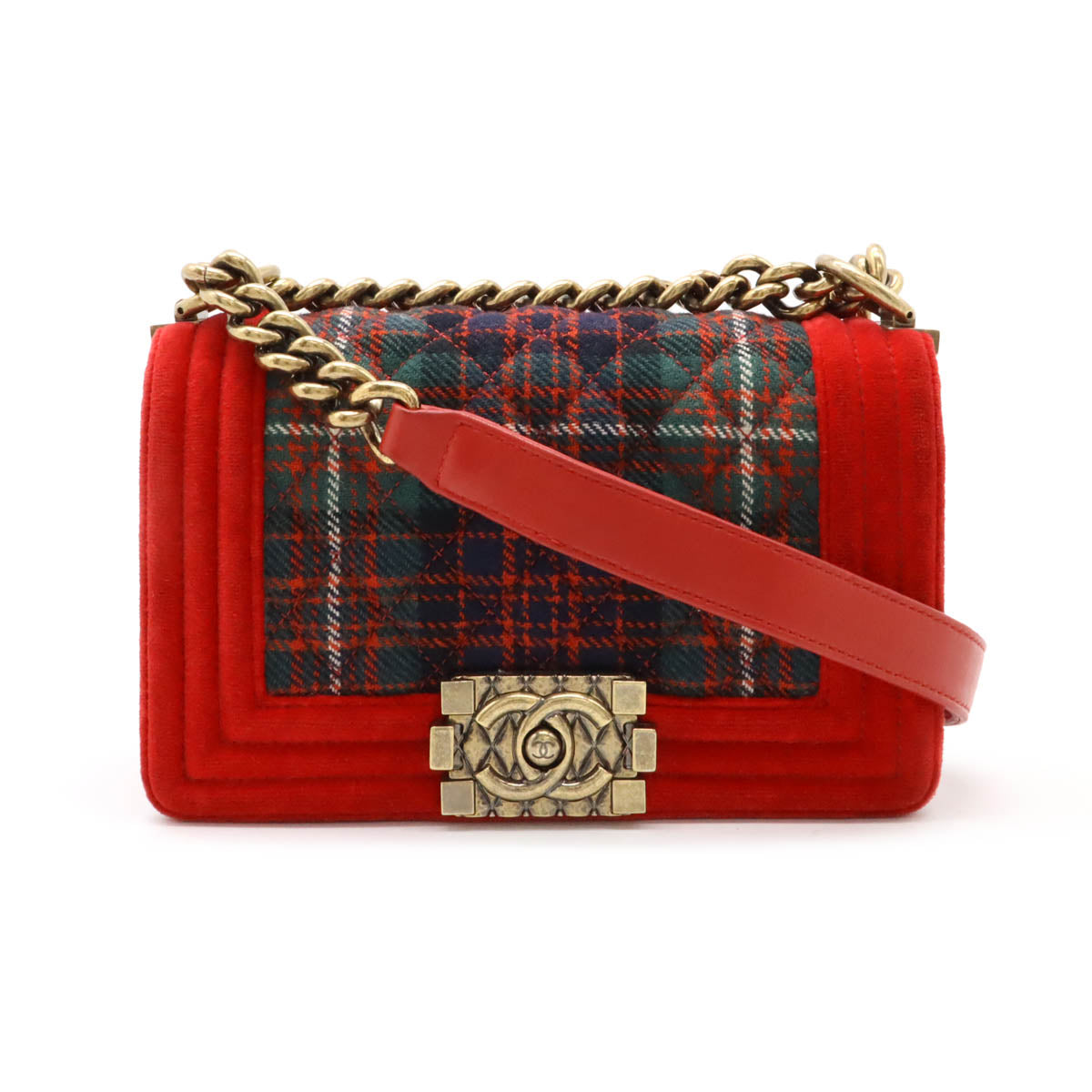 Chanel Velour Matelasse Boy Chanel Check Chain Shoulder Bag Red Green
