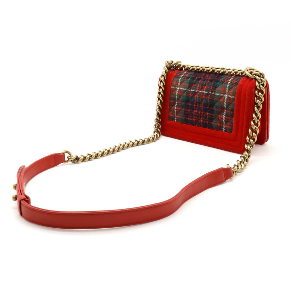 Chanel Velour Matelasse Boy Chanel Check Chain Shoulder Bag Red Green