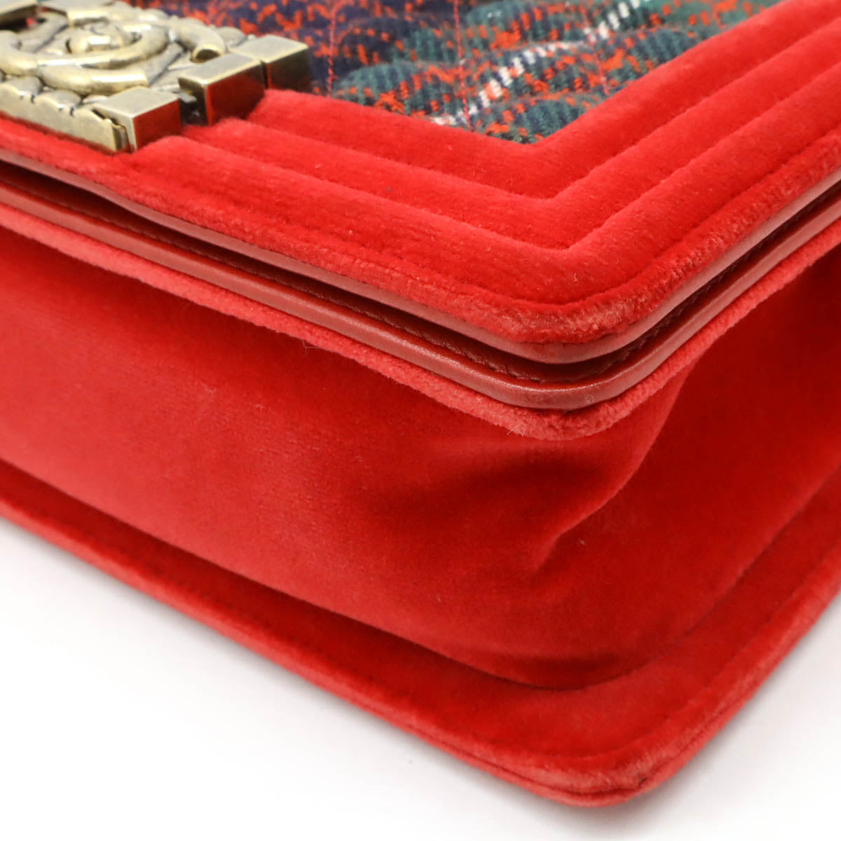 Chanel Velour Matelasse Boy Chanel Check Chain Shoulder Bag Red Green