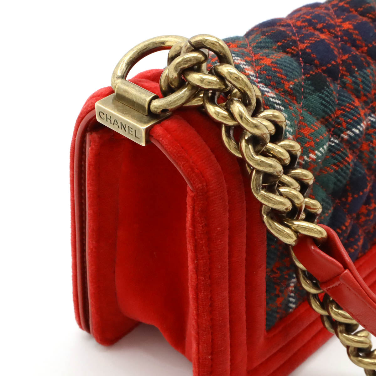 Chanel Velour Matelasse Boy Chanel Check Chain Shoulder Bag Red Green