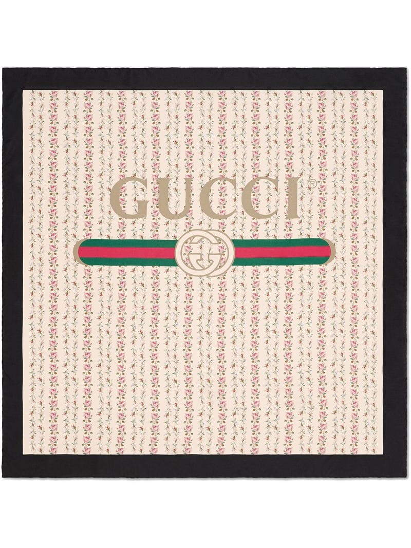 Gucci - Gucci logo rose print silk scarf - women - Silk - One Size - NEUTRALS