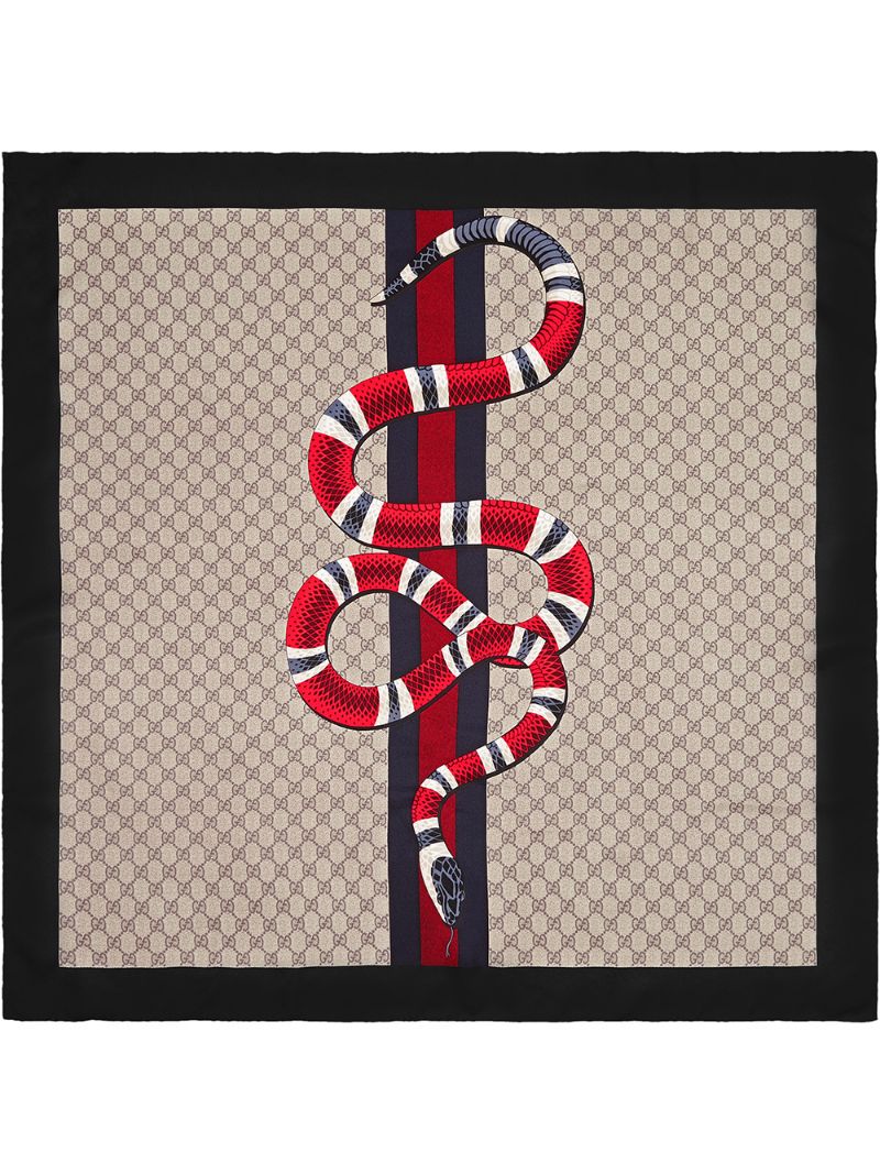 Gucci - Web and Kingsnake print GG silk scarf - men - Silk - One Size - NEUTRALS
